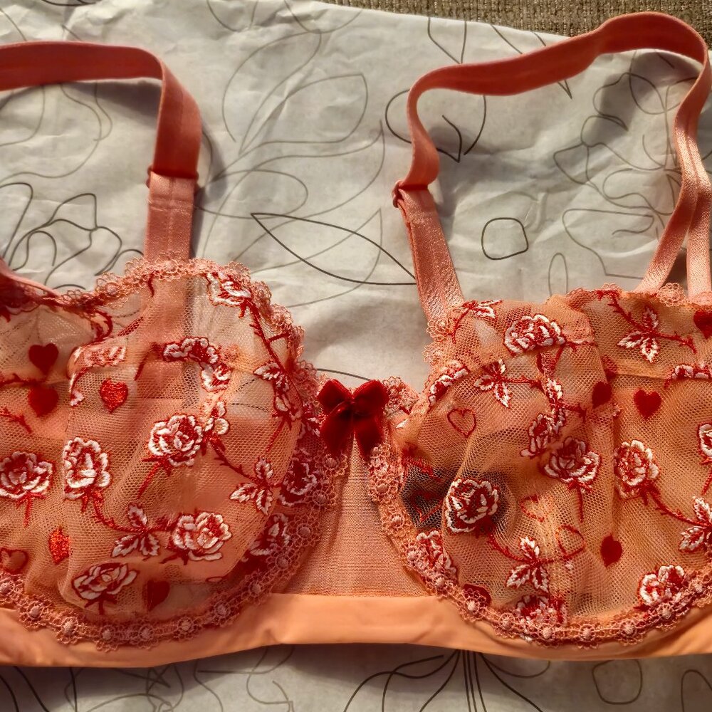 FlexWire Balconette Bra by Understance Brand Embroidery Flamingo Pink 34E (DD)
